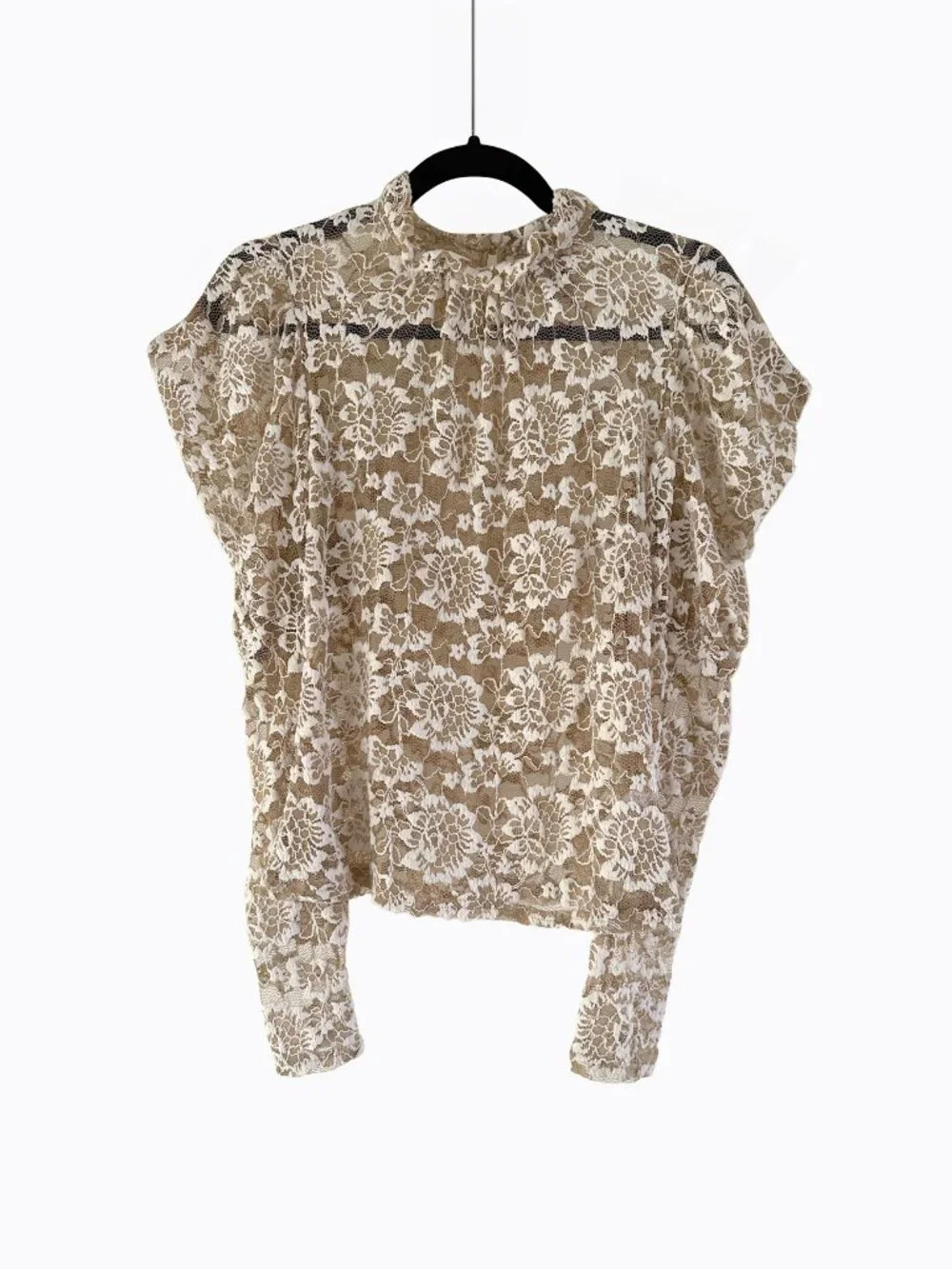 Anthropologie Dolan Ivory Sheer Floral Lace Mock Neck Puff Sleeve Blouse XS Boho